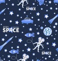 Space background. Mouse astronaut in outer space with ufo, rockets, shuttle, stars.